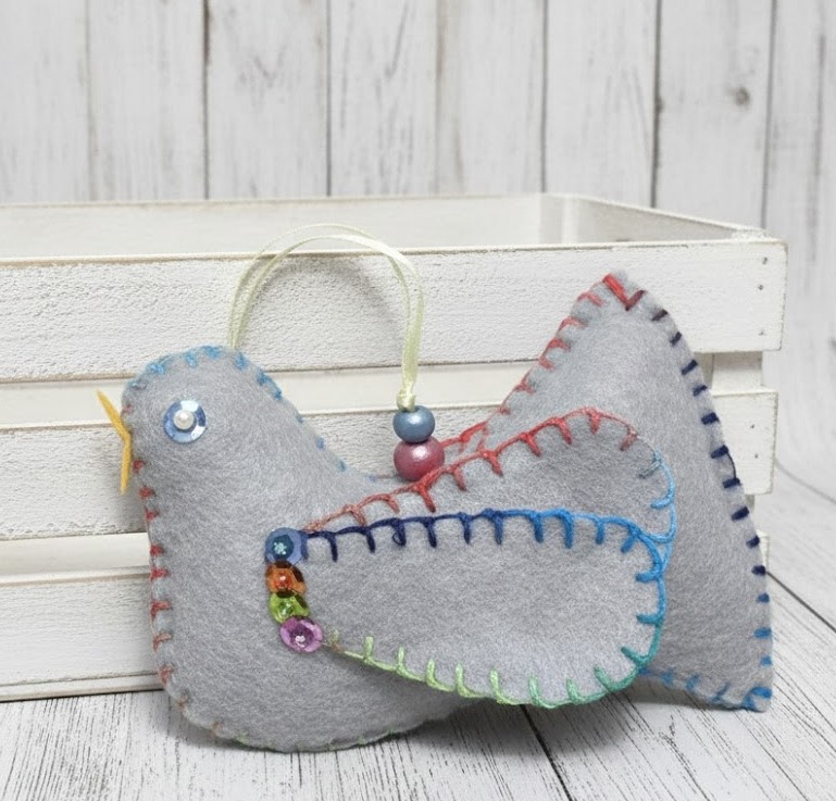 Bird ornament, handmade felt and embroidery bird, gray with multi color threading