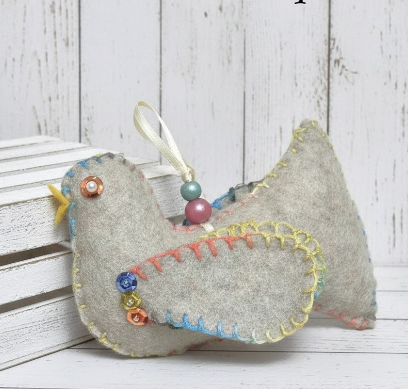 Bird ornament, handmade felt and embroidery bird, beige with multi color threading