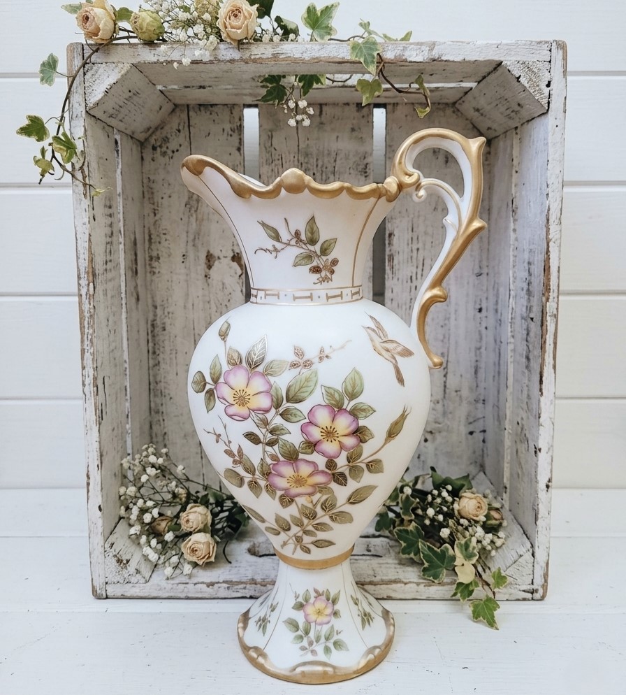 Lenwile Ardalt Gilded Vase Pitcher Floral Accents and Gold Trim