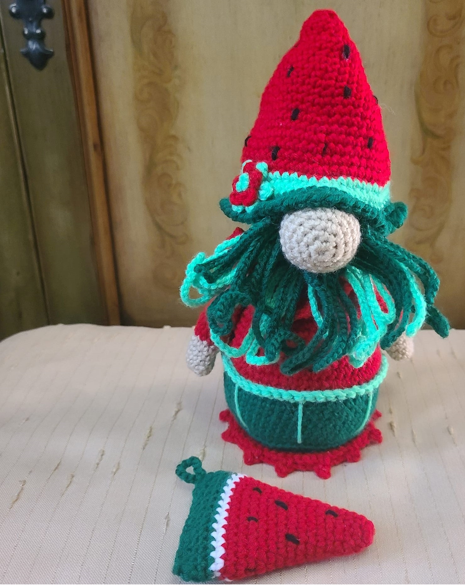 Handmade Crochet Watermelon Gnome, with Pc of watermelon