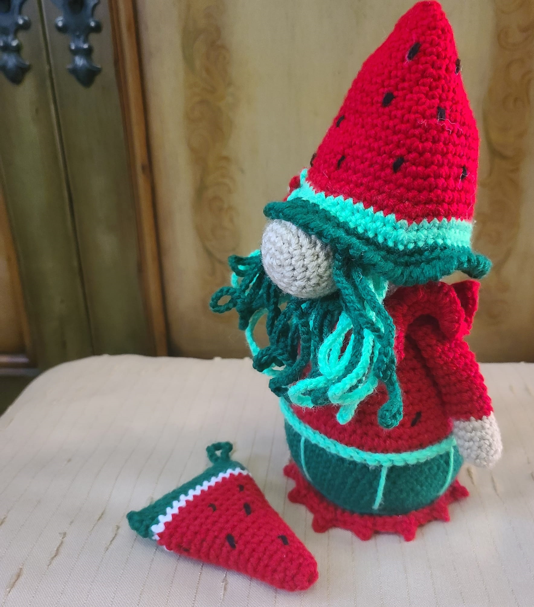 Handmade Crochet Watermelon Gnome, with Pc of watermelon