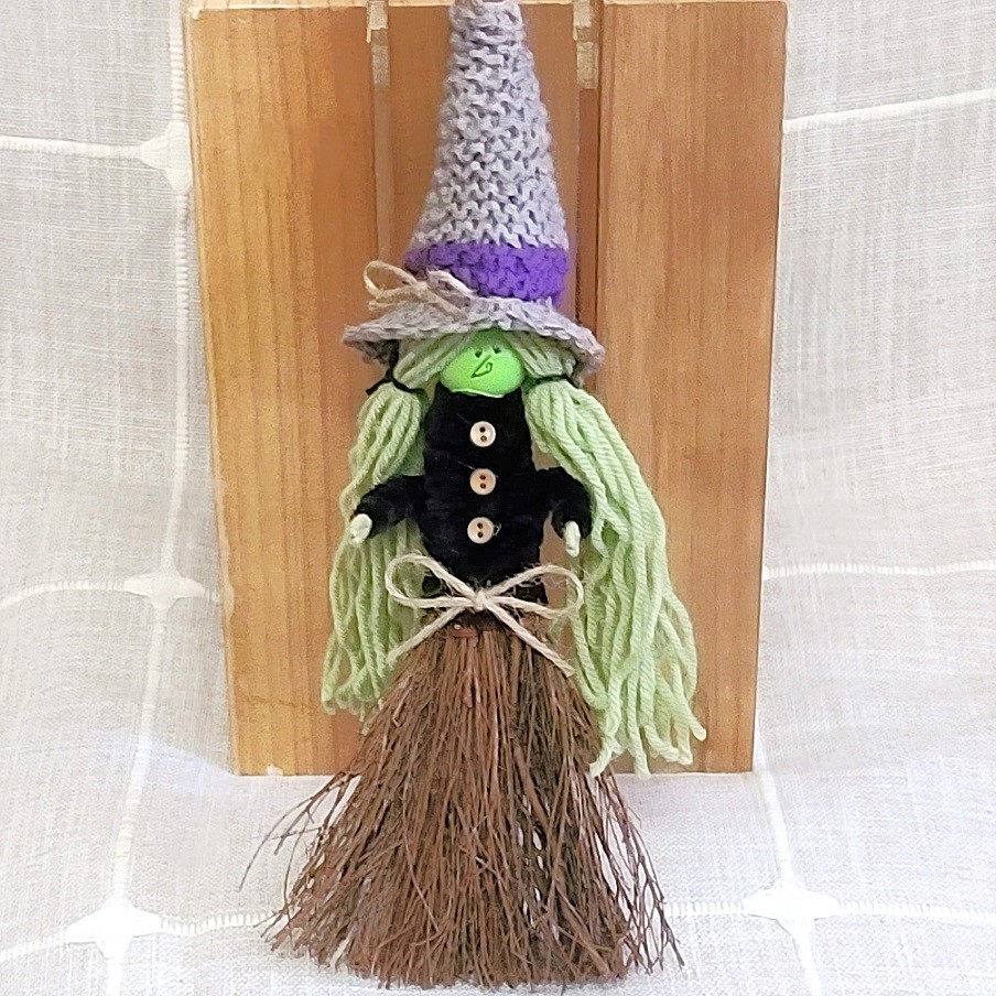 Cinnamon scented mini broom kitchen witch doll - knit gray hat