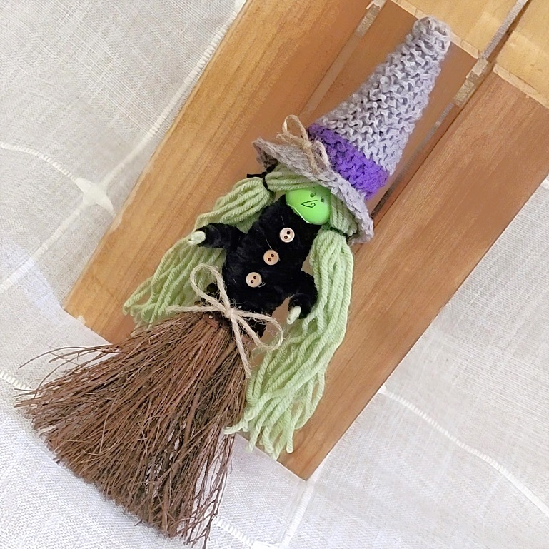Cinnamon scented mini broom kitchen witch doll - knit gray hat