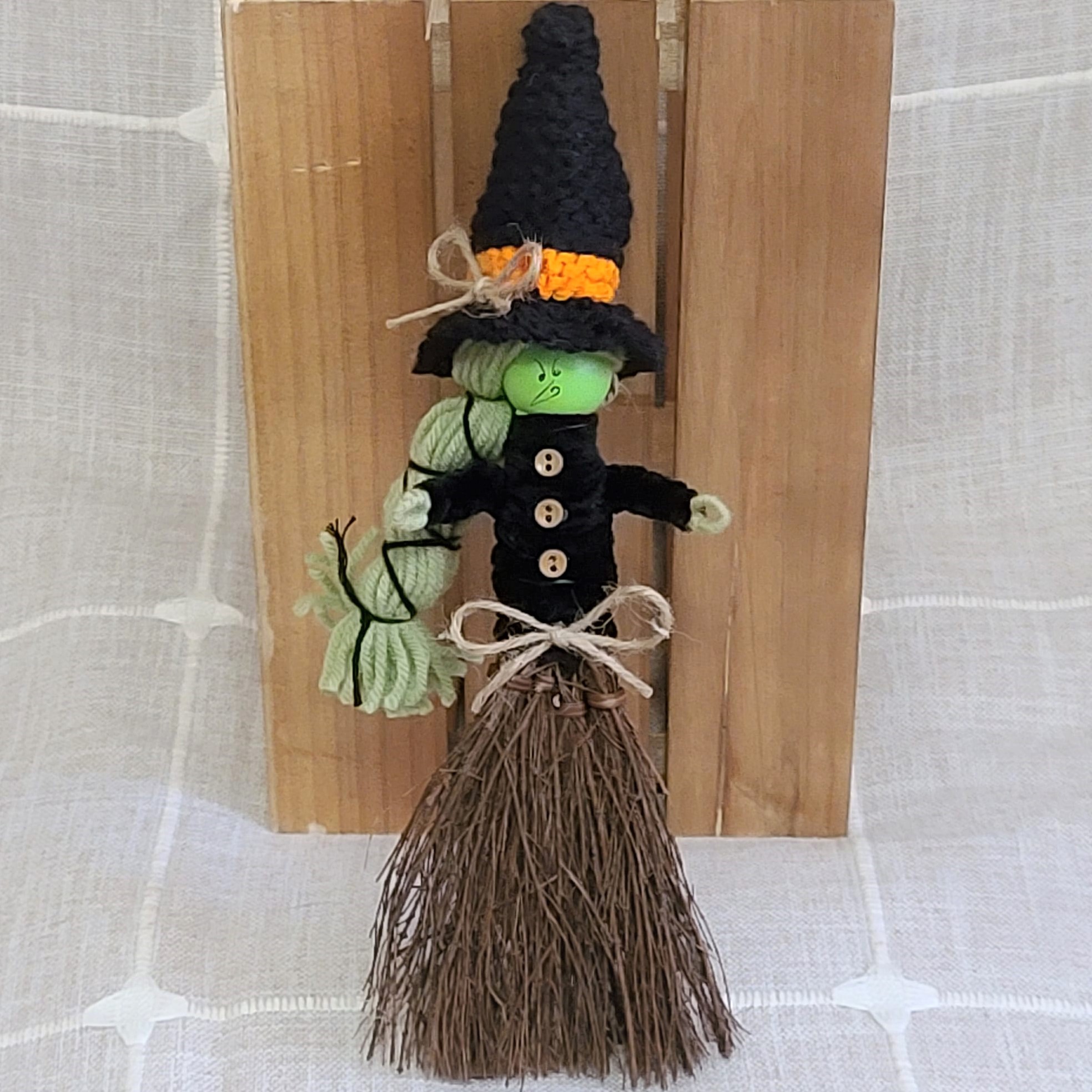 Cinnamon scented mini broom kitchen witch doll - knit black hat