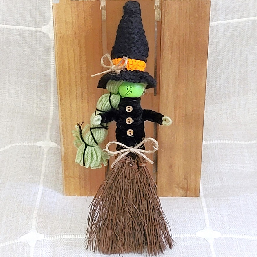 Cinnamon scented mini broom kitchen witch doll - knit black hat