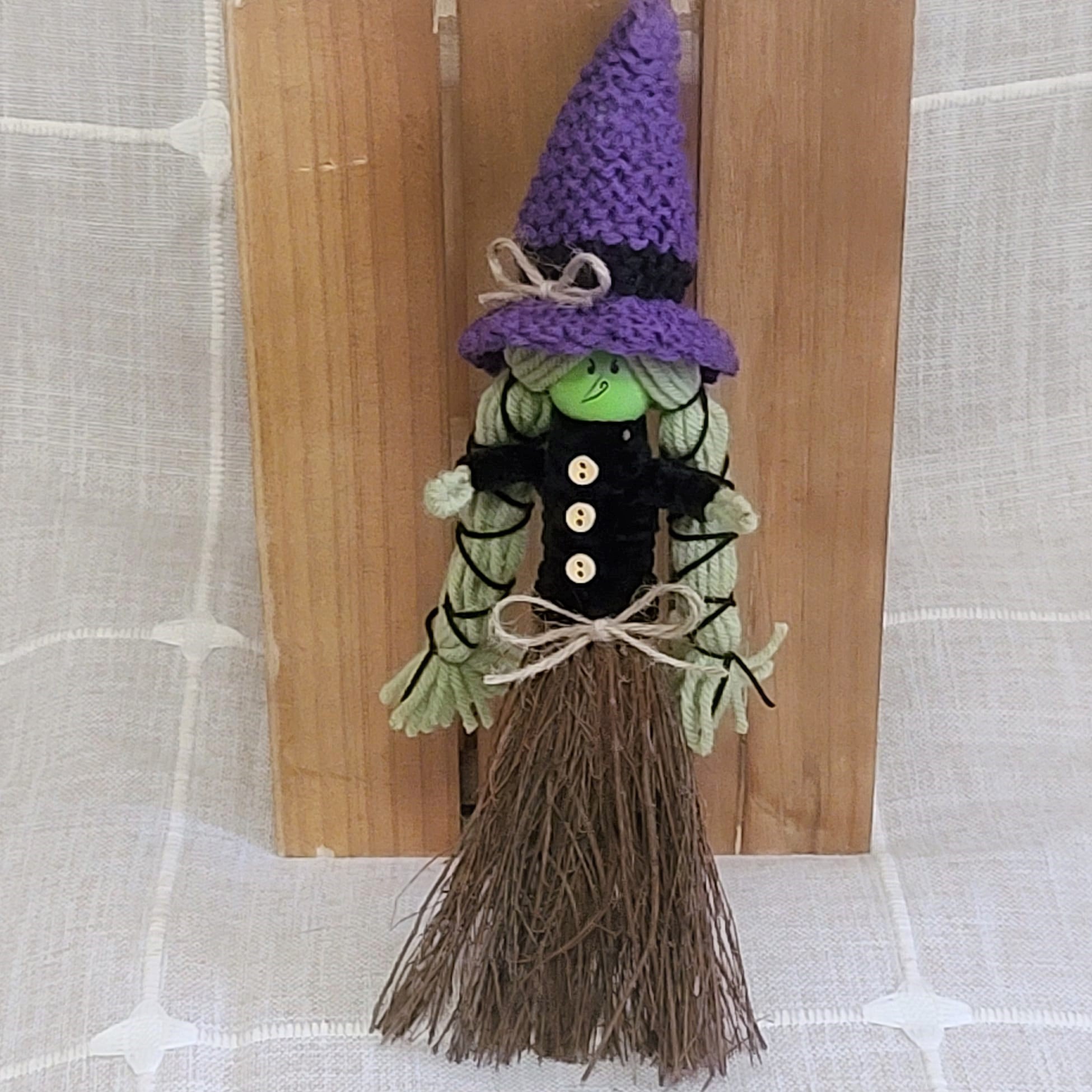 Cinnamon scented mini broom kitchen witch doll - purple knit hat