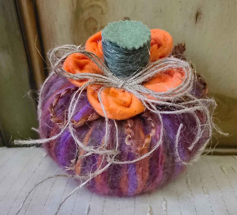 Handmade Harvest, Rustic Pumpkin Tabletop Pumpkin, Purple Orange