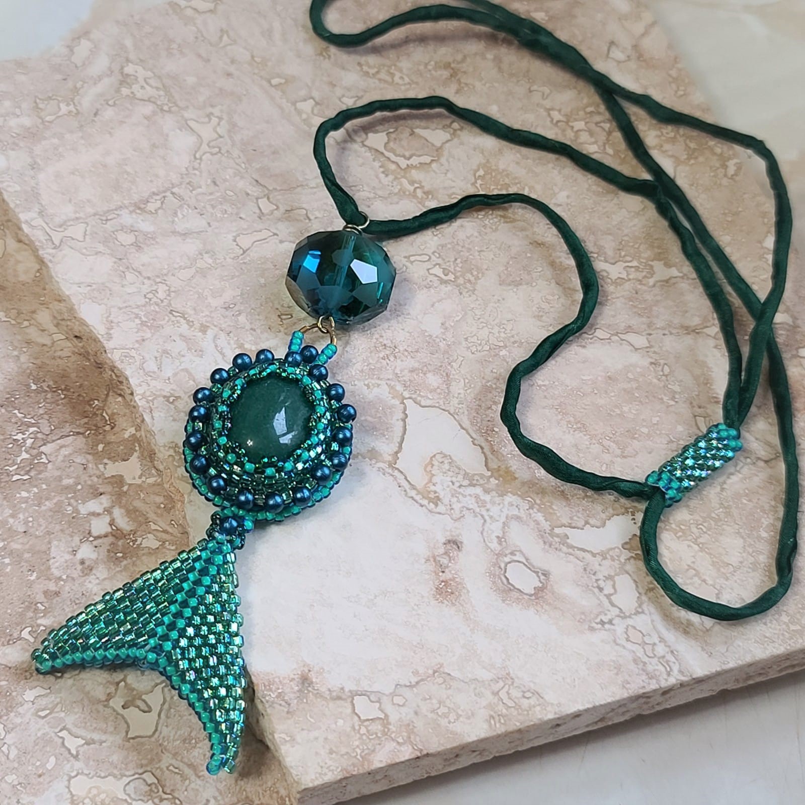 Handcrafted Necklace, Green Aventurine Pendant, Silk Cording