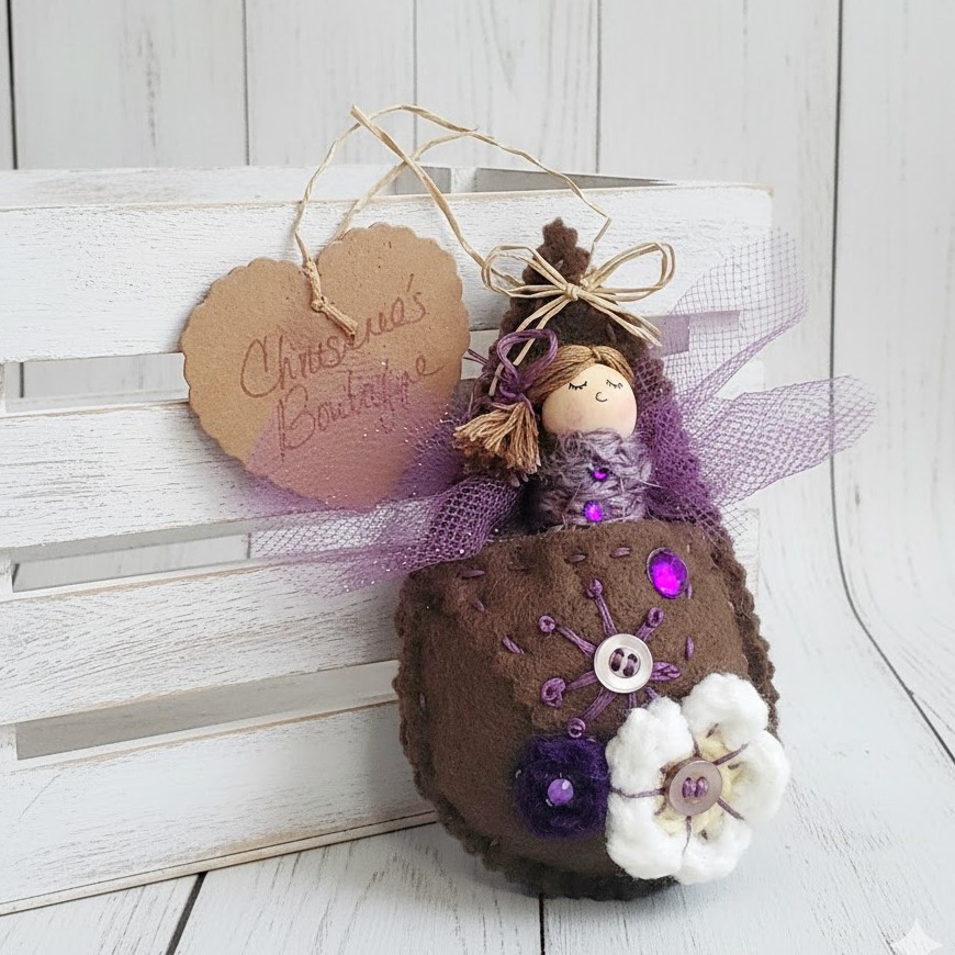 Pod babies whimsical ornament -brown hair purple/brown pod